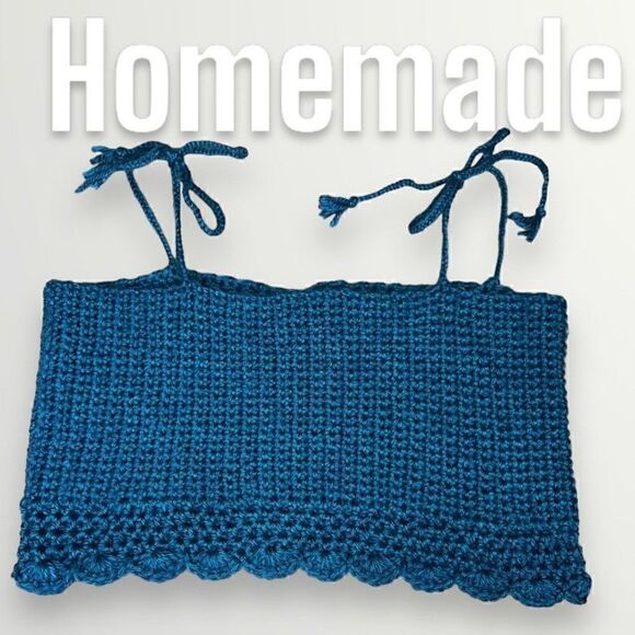 Homemade Crochet Cropped Top, Scalloped Hemline, Single Seam Up Back, Women’s L - Picture 1 of 8